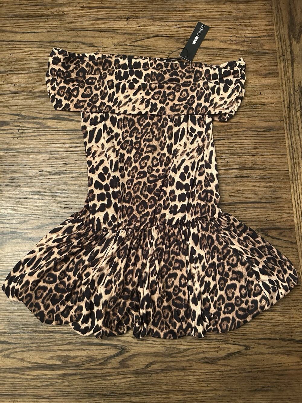 NWT FASHION NOVA Solara Leopard Bubble Mini Dress Sz M Off Shoulder Animal Boho